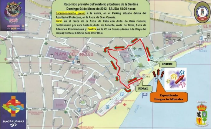 Recorrido Cabalgata y Entierro de la Sardina del Carnaval 2012 de Maspalomas (Gran Canaria)